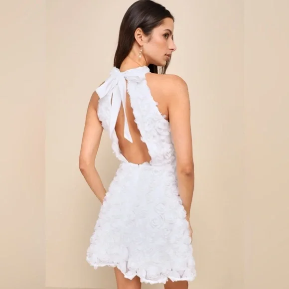 Beloved Blossoming White 3D Floral Halter Backless Mini Dress - Picture 3 of 12